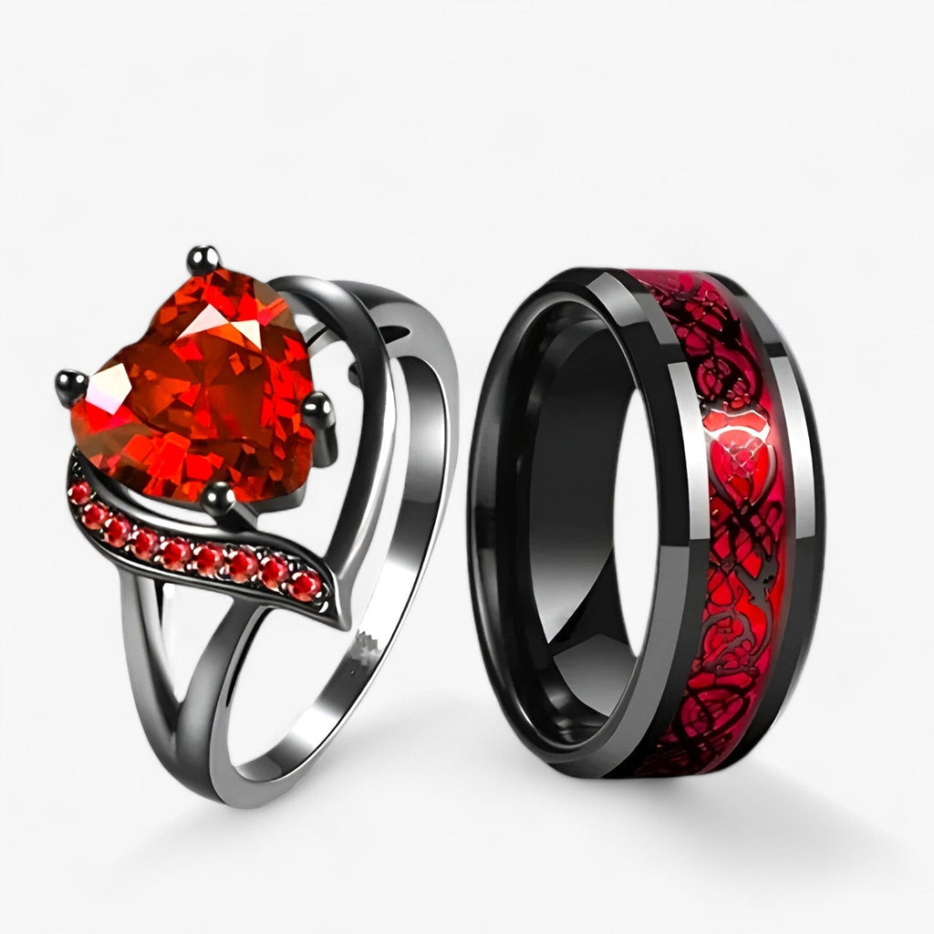 Celtic-Pattern Ring Set with Heart-Shaped Stone