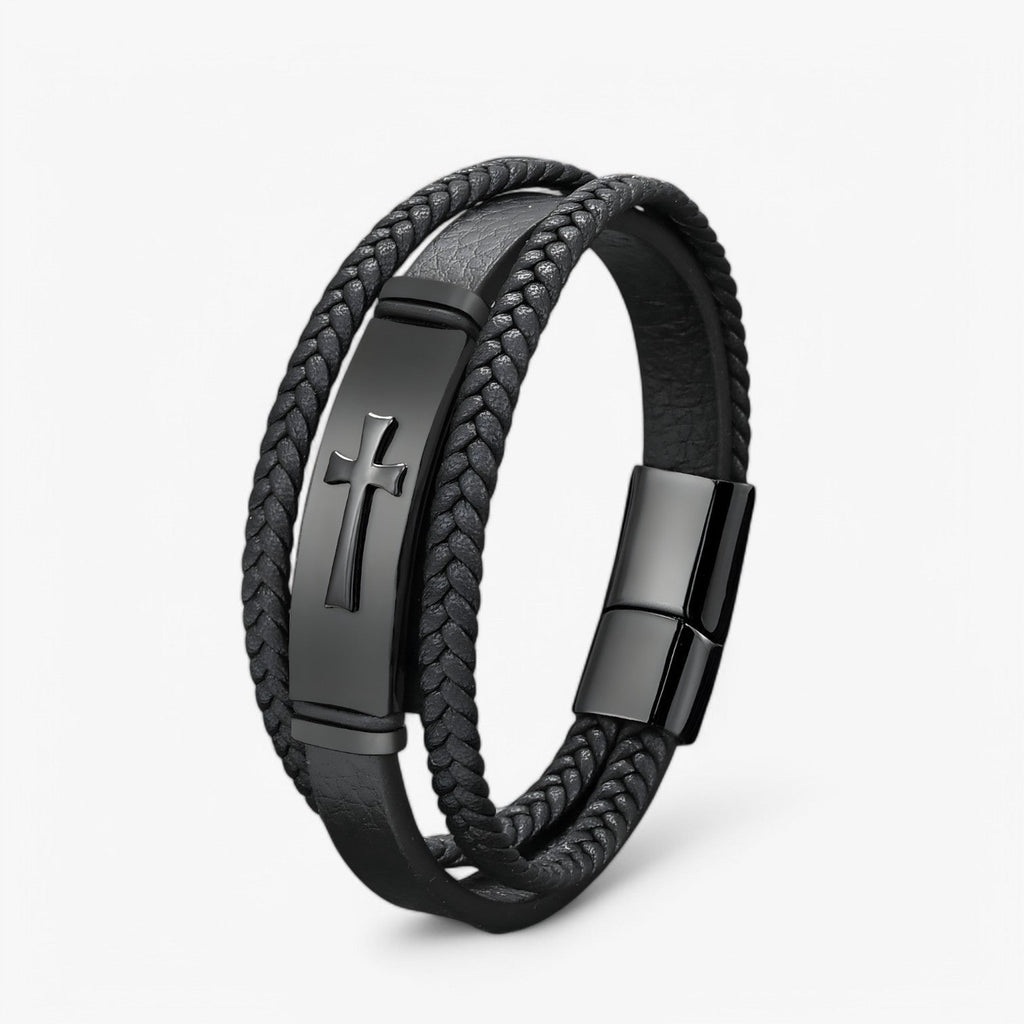 Men's Steel and Faux Leather Cross Bracelet with Magnetic Clasp