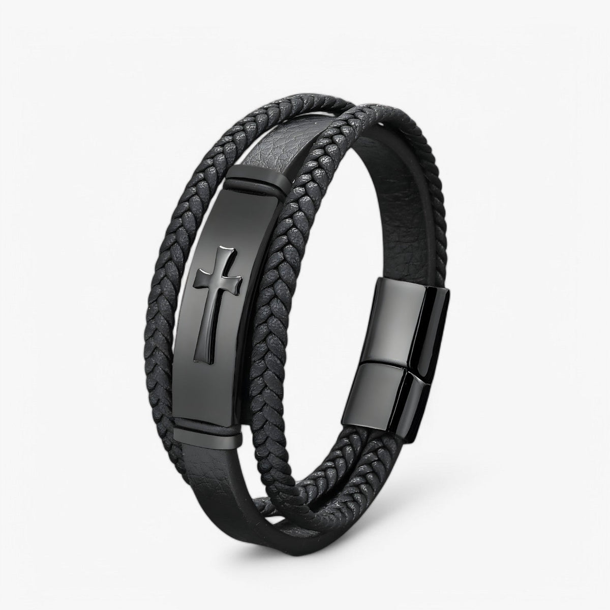 Men's Steel and Faux Leather Cross Bracelet with Magnetic Clasp