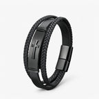 Men's Steel and Faux Leather Cross Bracelet with Magnetic Clasp