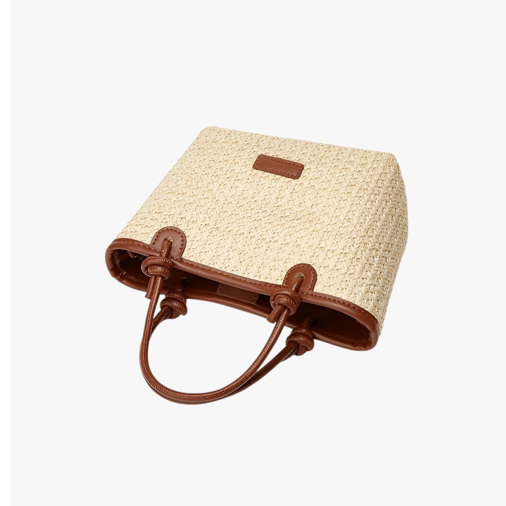 Natural Woven Rattan-Look Shoulder Bag with Rope Knots