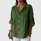 Cotton Linen Blend Blouse with V-Neck and Button Front