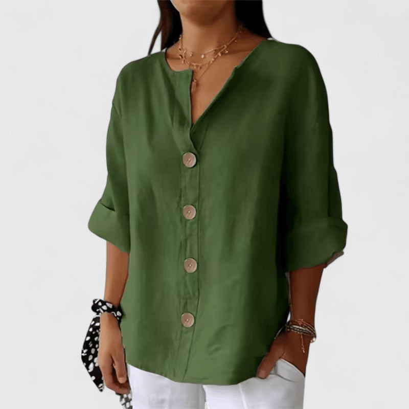 Cotton Linen Blend Blouse with V-Neck and Button Front