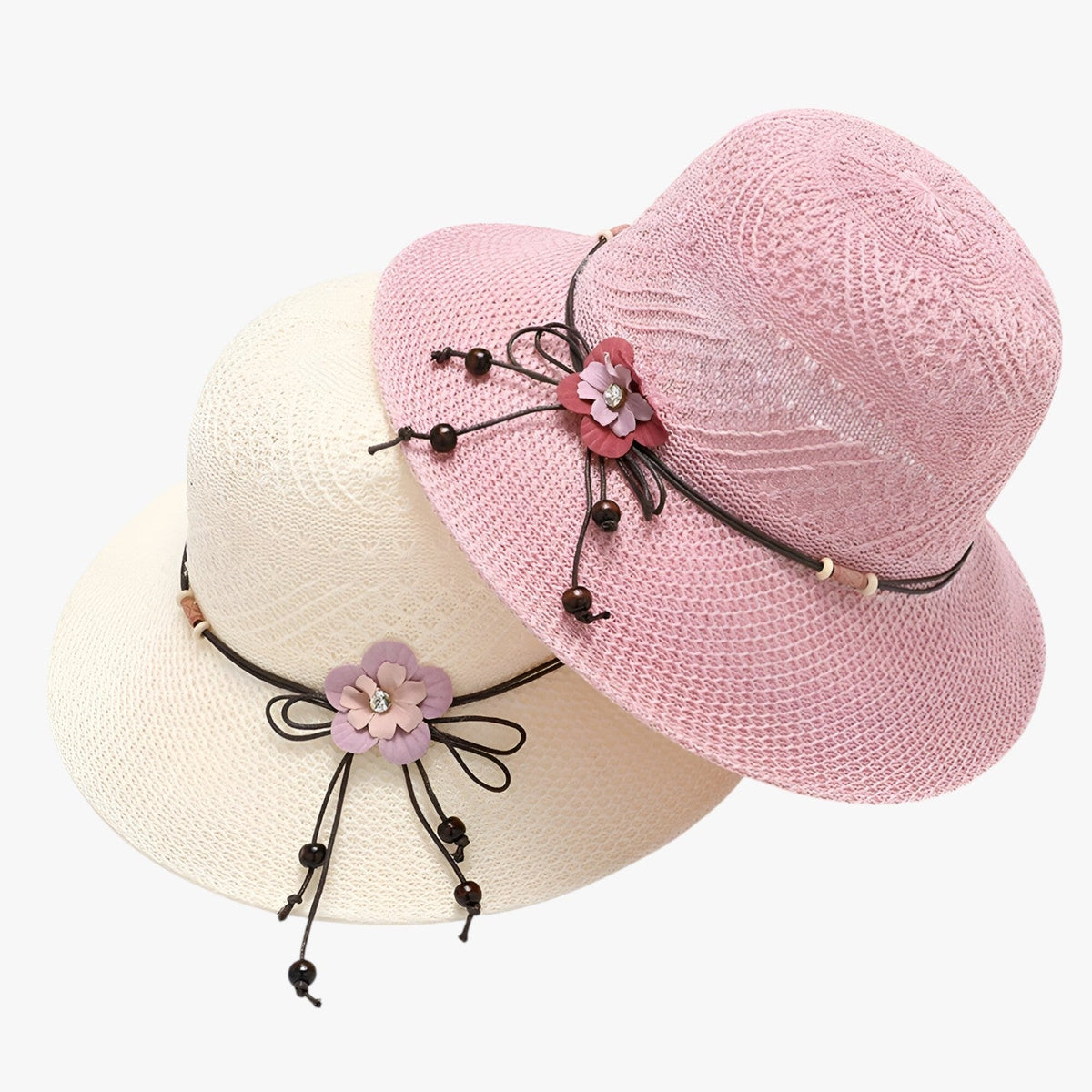 Foldable Straw Sun Hat with Decorative Flower Trim