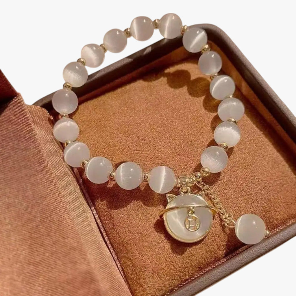 Adjustable Opal Bead Bracelet with Lucky Cat Charm