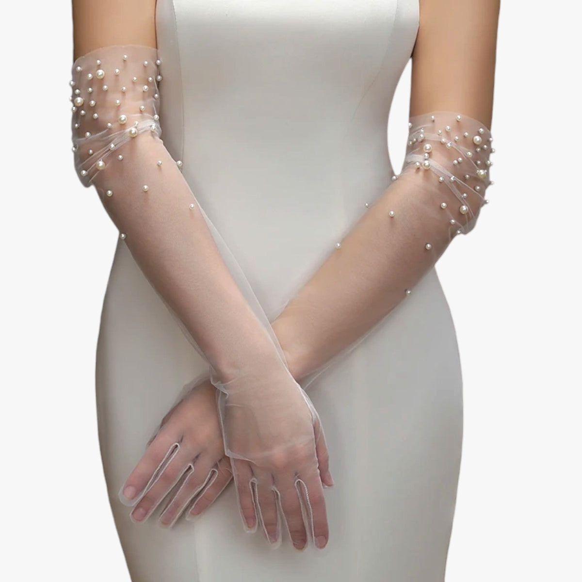 Sheer Tulle Bridal Gloves with Hand-Sewn Bead Detail