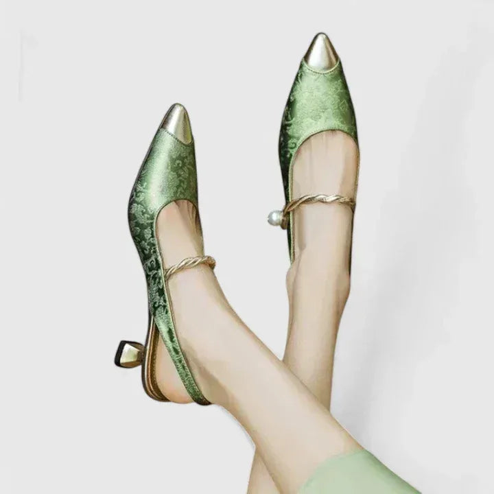 Kitten Heels with Pearl Strap and Floral Detail