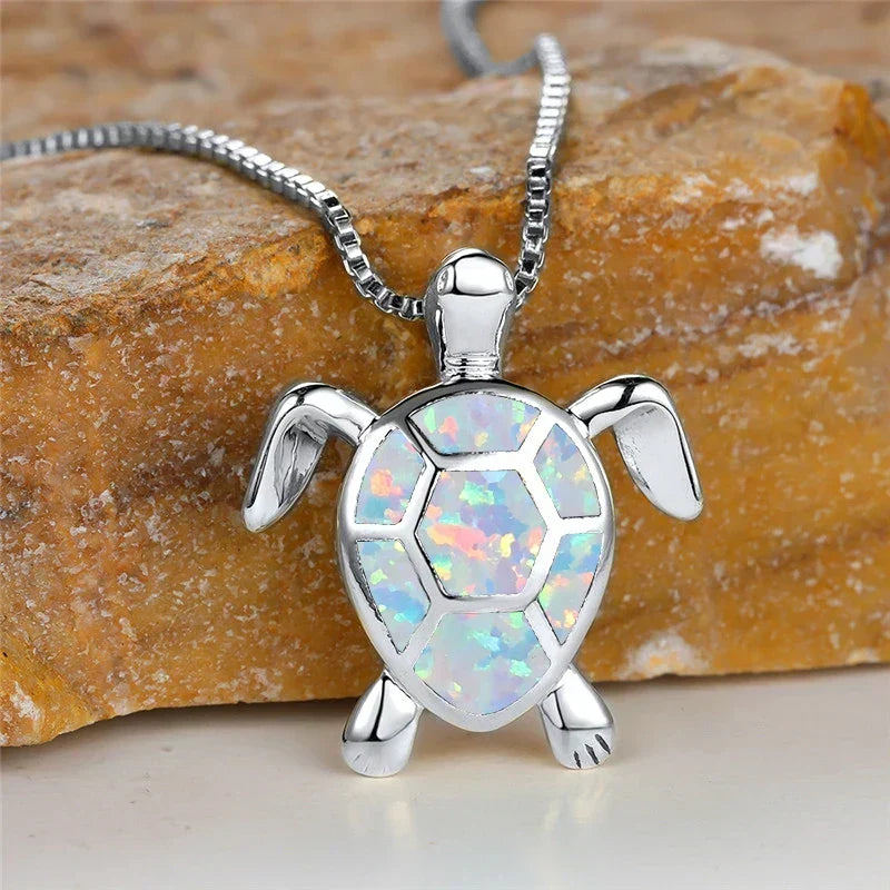 Vintage Turtle Pendant Necklace with Iridescent Stone