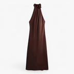 Satin Halterneck Midi Dress with Knot Detail