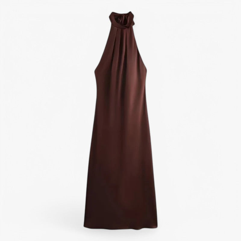 Satin Halterneck Midi Dress with Knot Detail