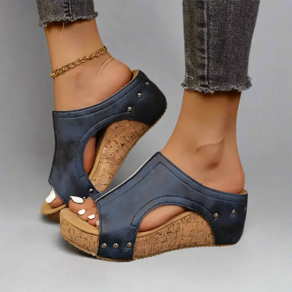Cork Effect Wedge Sandals with Open Sided Slip On