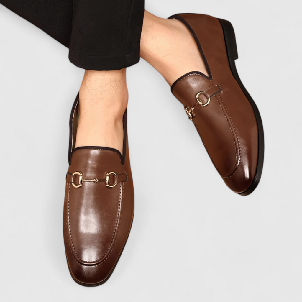 Men's Black Faux Leather Loafers with Decorative Buckle