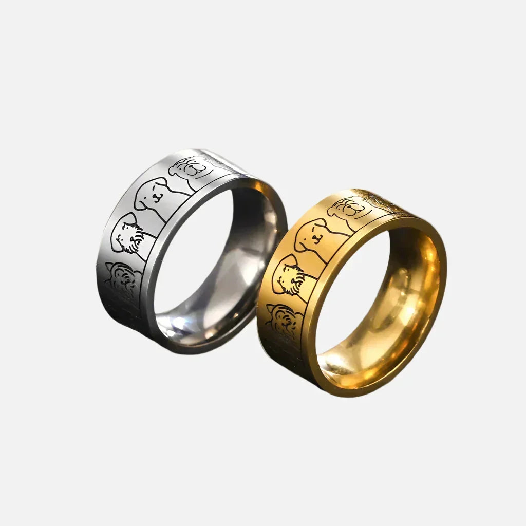 Wide Stainless Steel Band Ring with Engraved Dog Motif