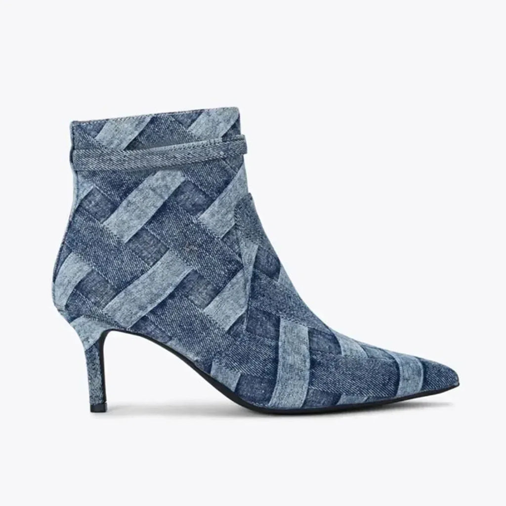 Klackskor i vävd denim med spetsig tå