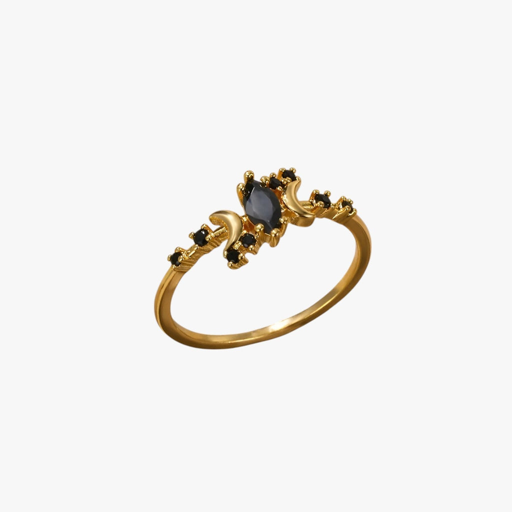 Moon and Stars Ring in Stainless Steel with Black Stone