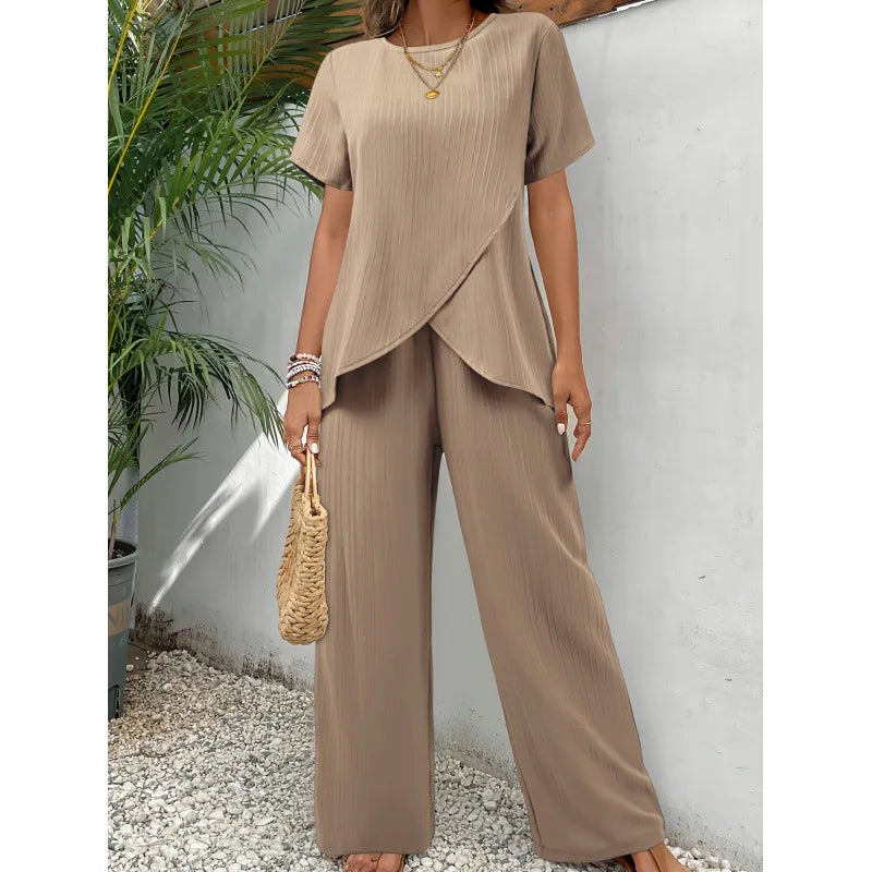 Checked Two Piece Set with Flowing Blouse and Relaxed Trousers