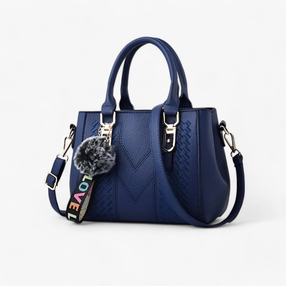 Faux Leather Messenger Bag with Pompon Detail