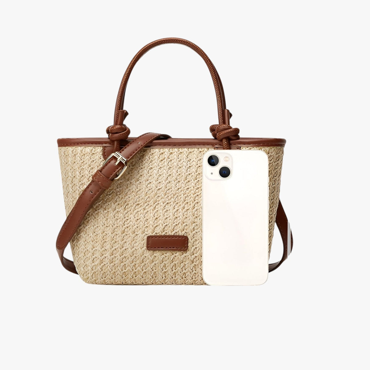 Natural Woven Rattan-Look Shoulder Bag with Rope Knots