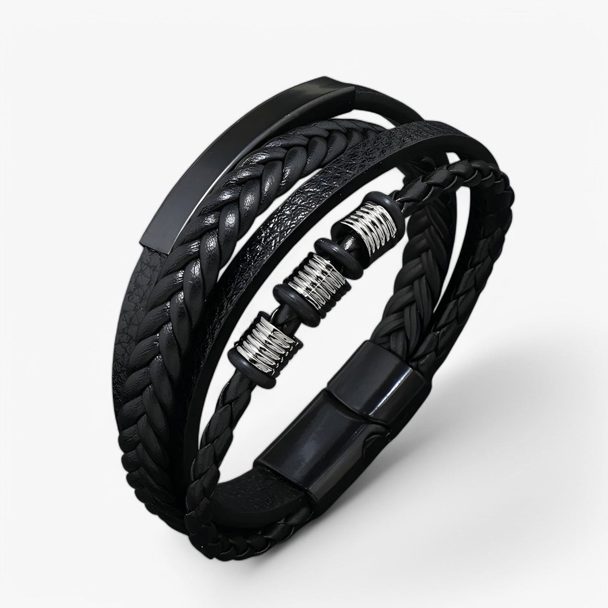 Braided Faux Leather Multi-Layer Bracelet with Steel Clasp