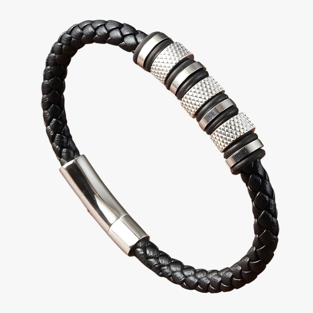 Braided Faux Leather Bracelet with Steel Beads and Magnetic Clasp