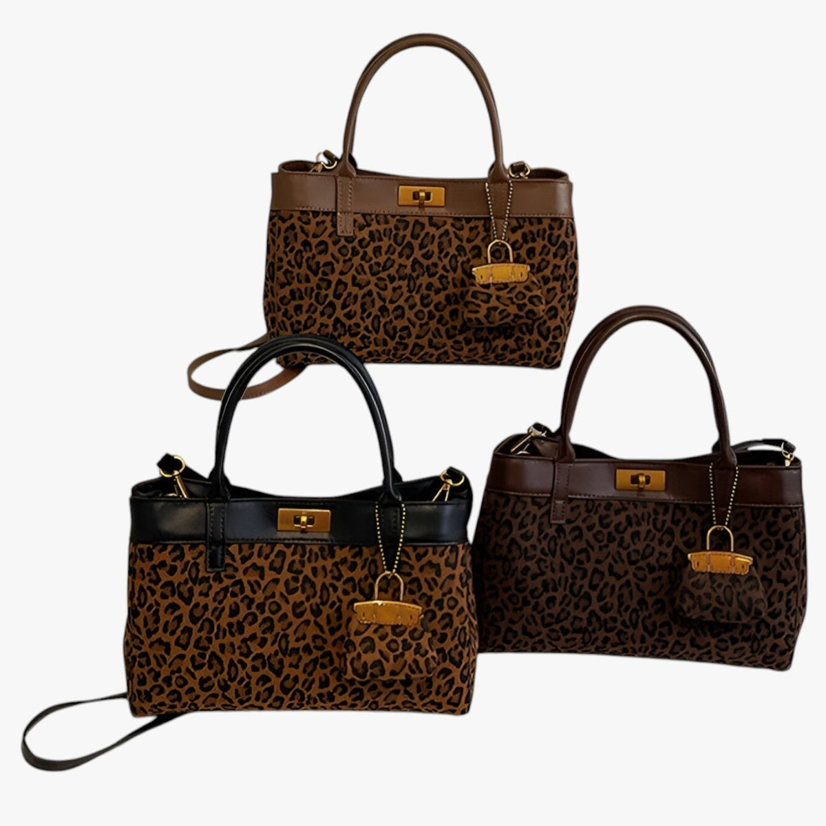 Totebag i leopardmönster med lås i guldton