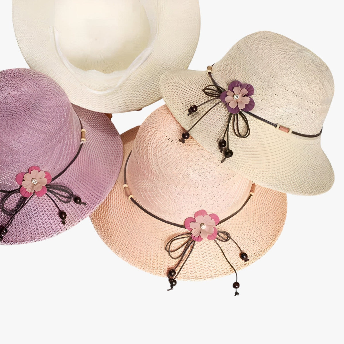 Foldable Straw Sun Hat with Decorative Flower Trim
