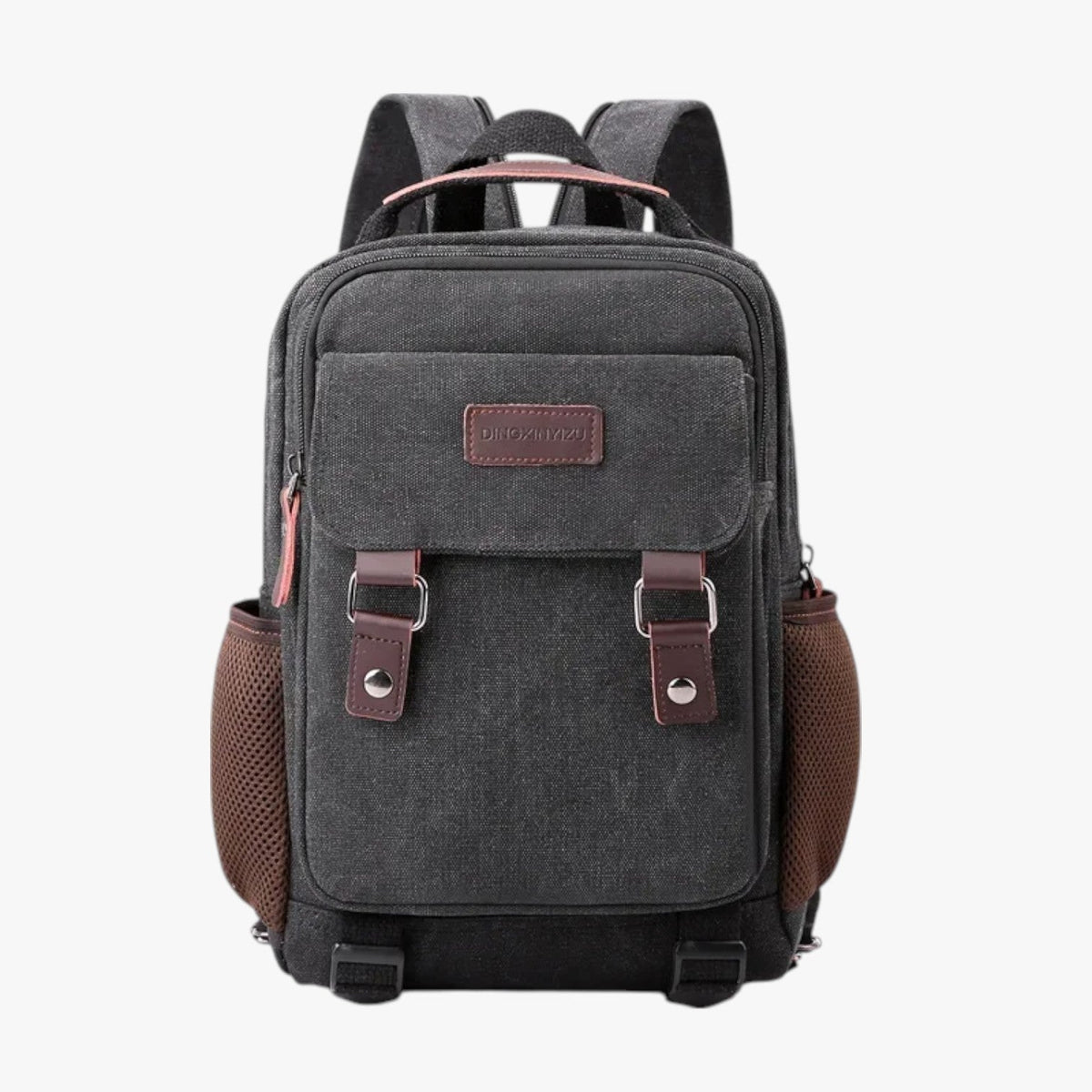 Mini mochila de lona con ribetes de piel sintética