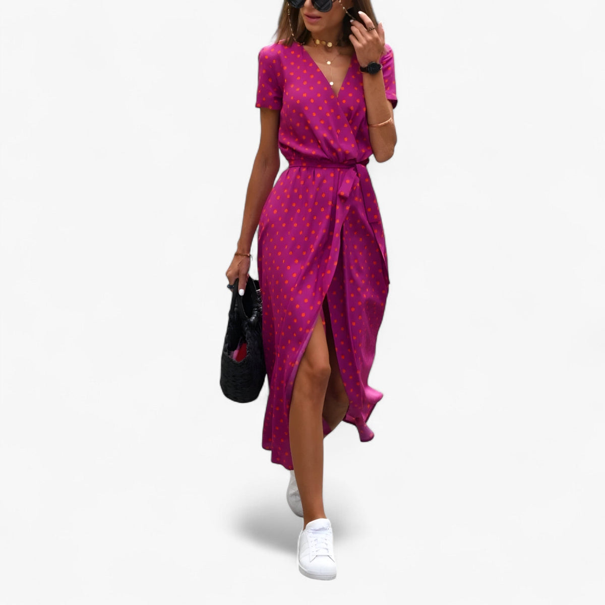 Vestido con cuello de pico, cintura entallada y falda fluida