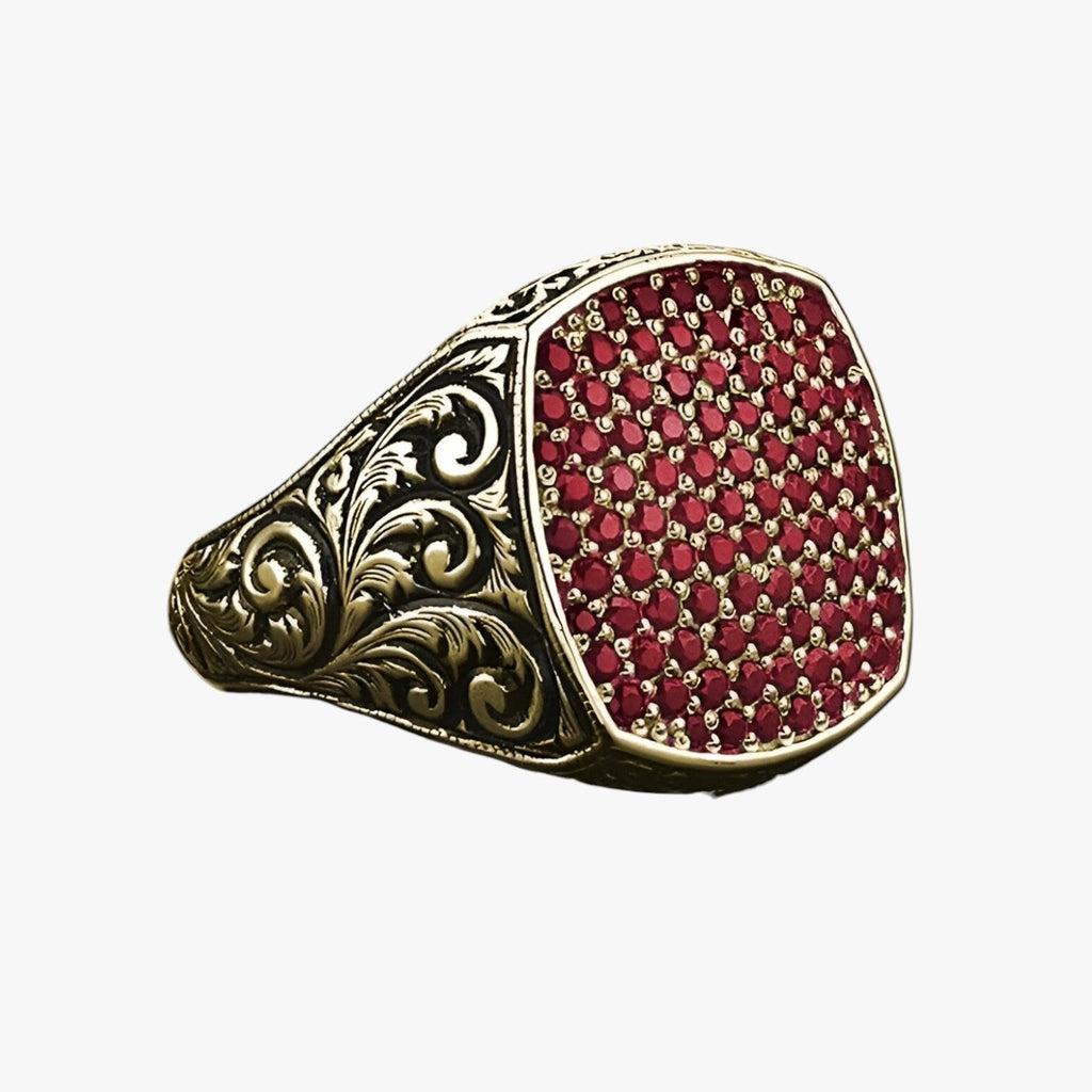 Anillo vintage grabado con piedra de circonita de color