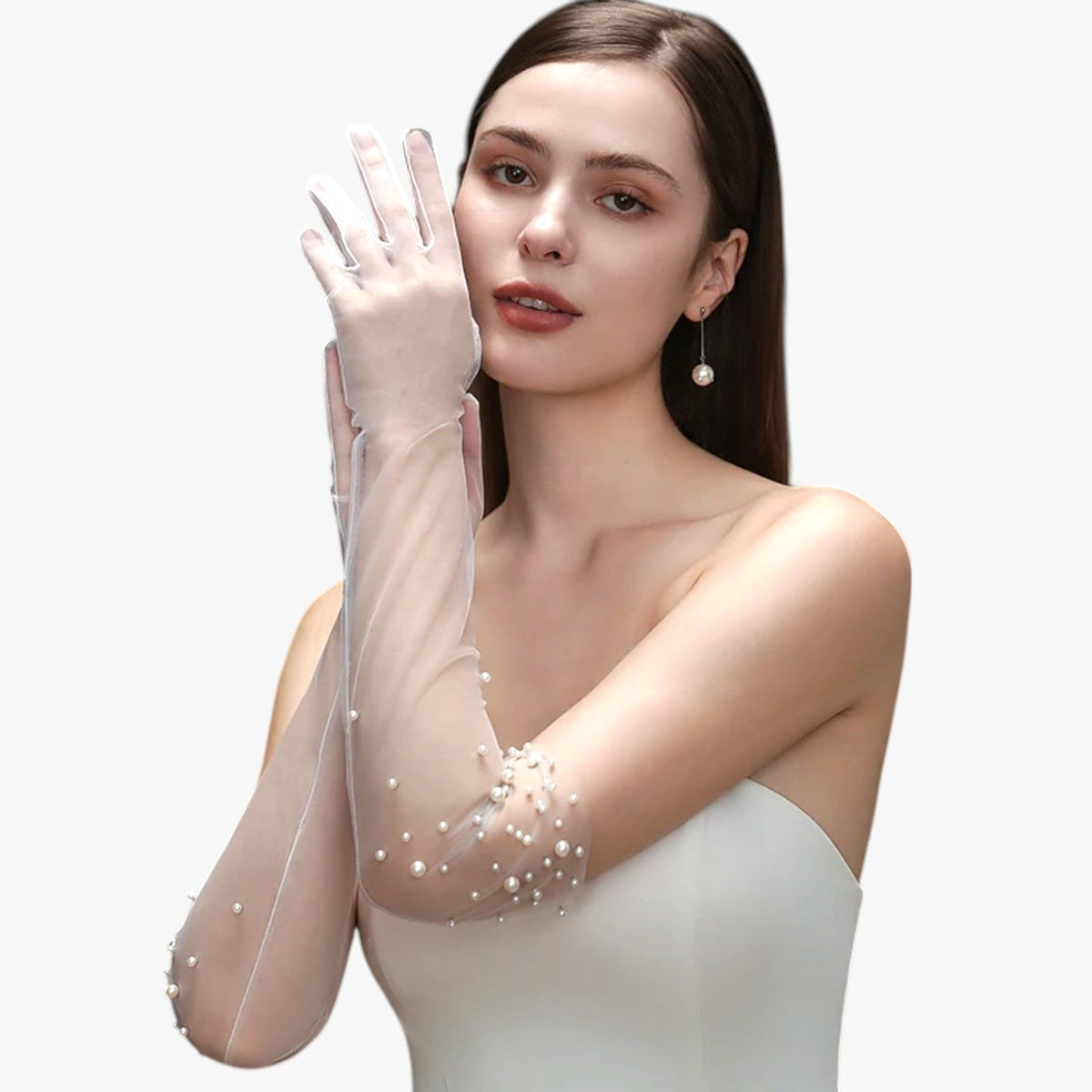 Sheer Tulle Bridal Gloves with Hand-Sewn Bead Detail