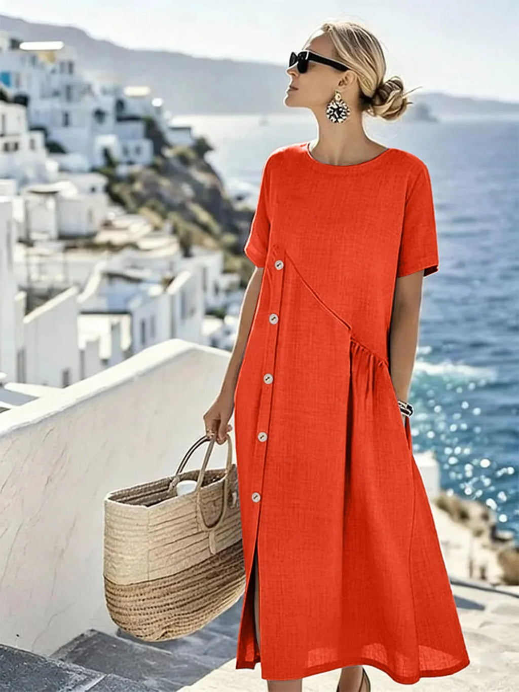 Relaxed Stretch Midi Dress with Round Neckline
