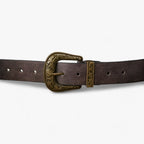 Unisex Faux Leather Belt with a Carved Vintage Floral Buckle