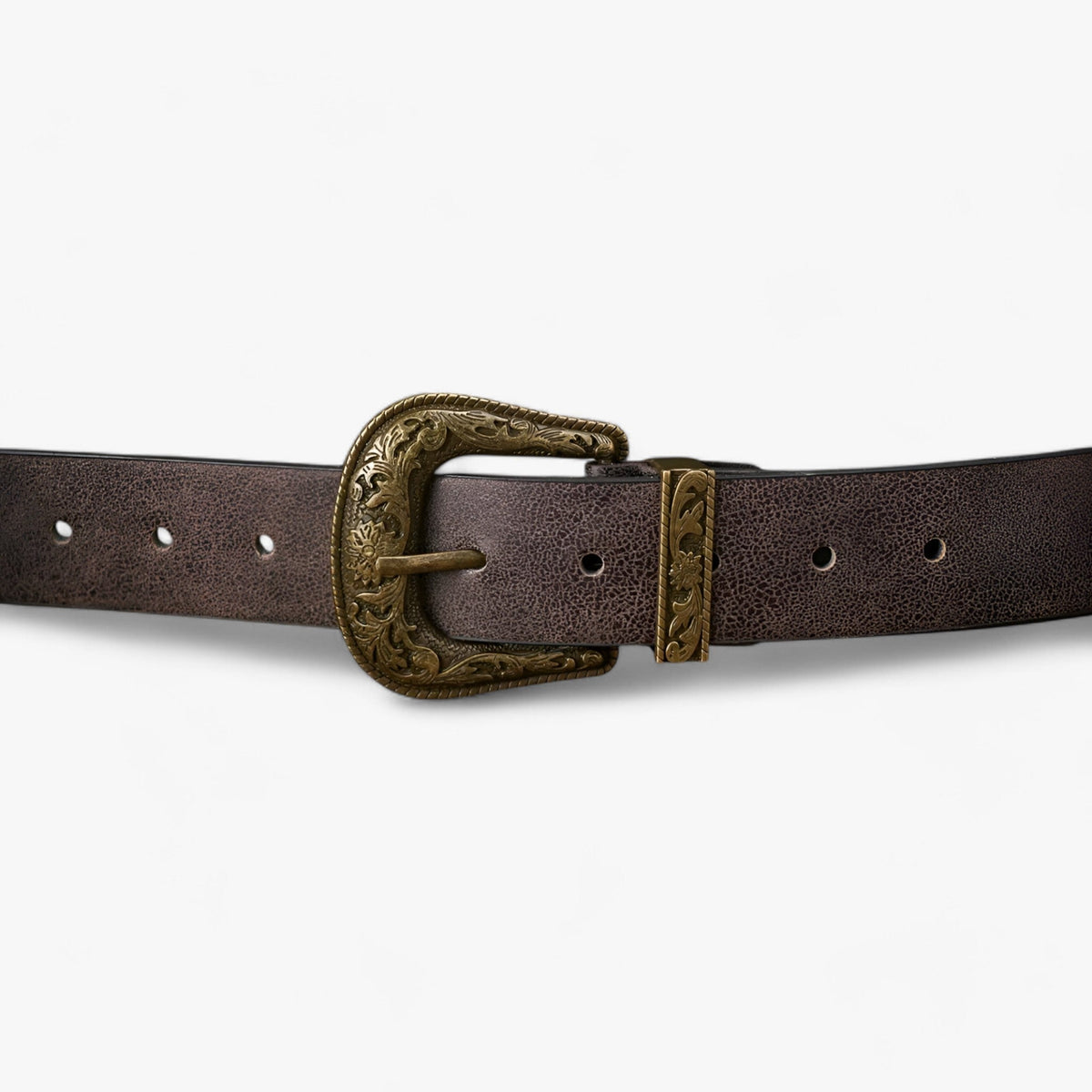 Unisex Faux Leather Belt with a Carved Vintage Floral Buckle
