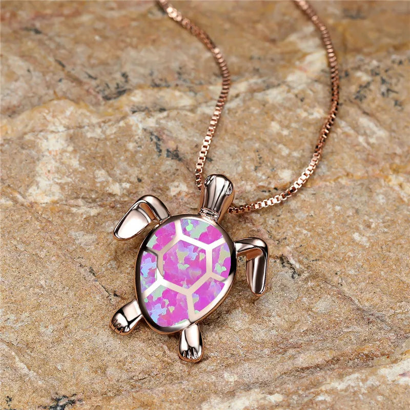 Vintage Turtle Pendant Necklace with Iridescent Stone