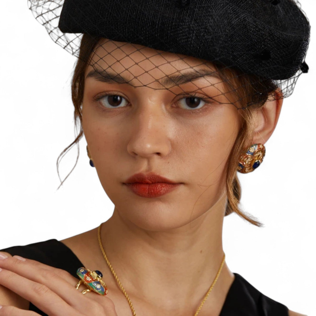 Vintage Gold-Tone Earrings with Enamel Detail