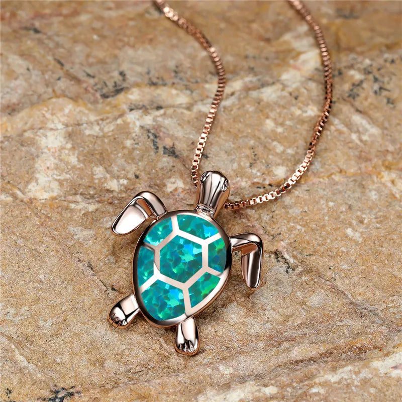 Vintage Turtle Pendant Necklace with Iridescent Stone