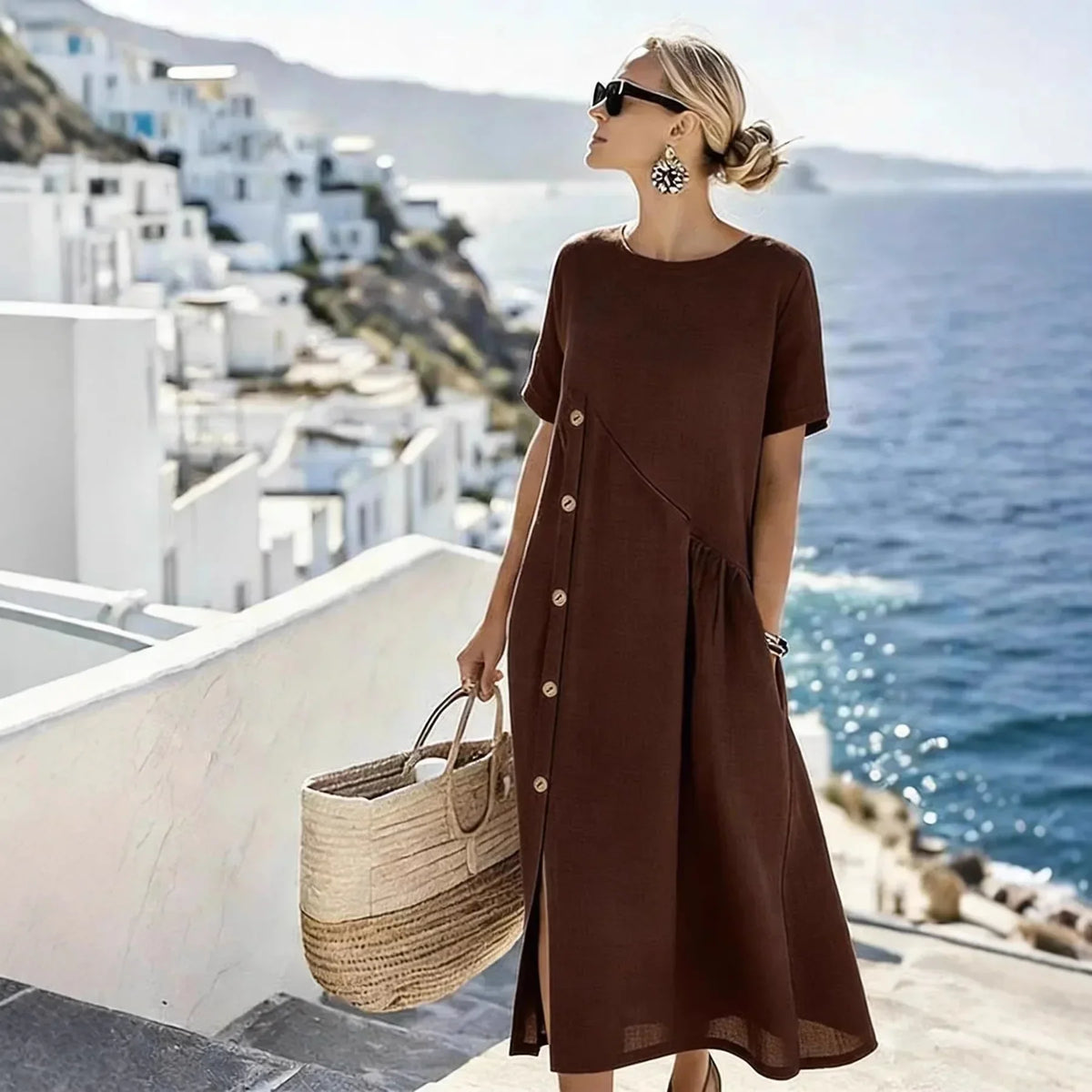Relaxed Stretch Midi Dress with Round Neckline
