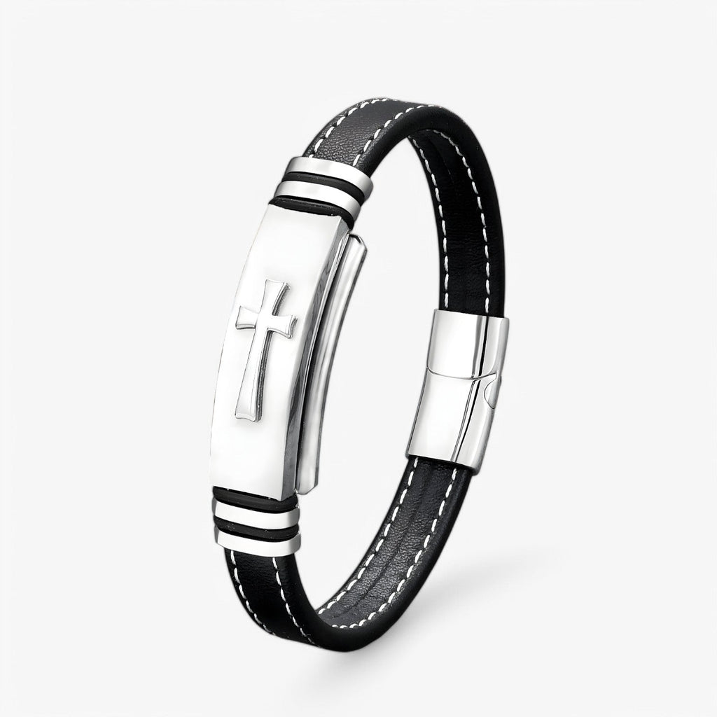 Men's Steel and Faux Leather Cross Bracelet with Magnetic Clasp