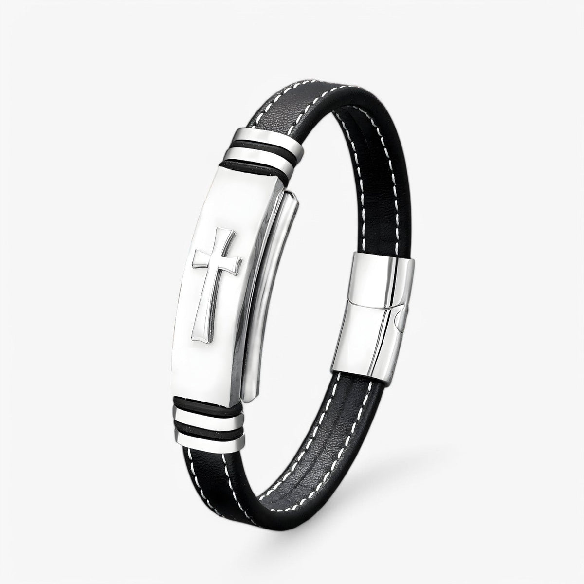 Men's Steel and Faux Leather Cross Bracelet with Magnetic Clasp