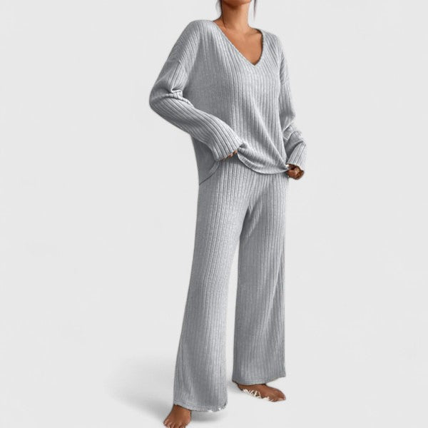 Ribbed Knit Lounge Set with V-Neck Top and Wide-Leg Trousers