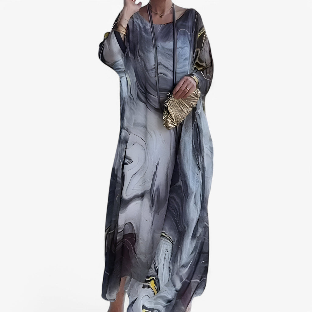 Vestido largo de gasa con estampado de mármol y mangas con volantes