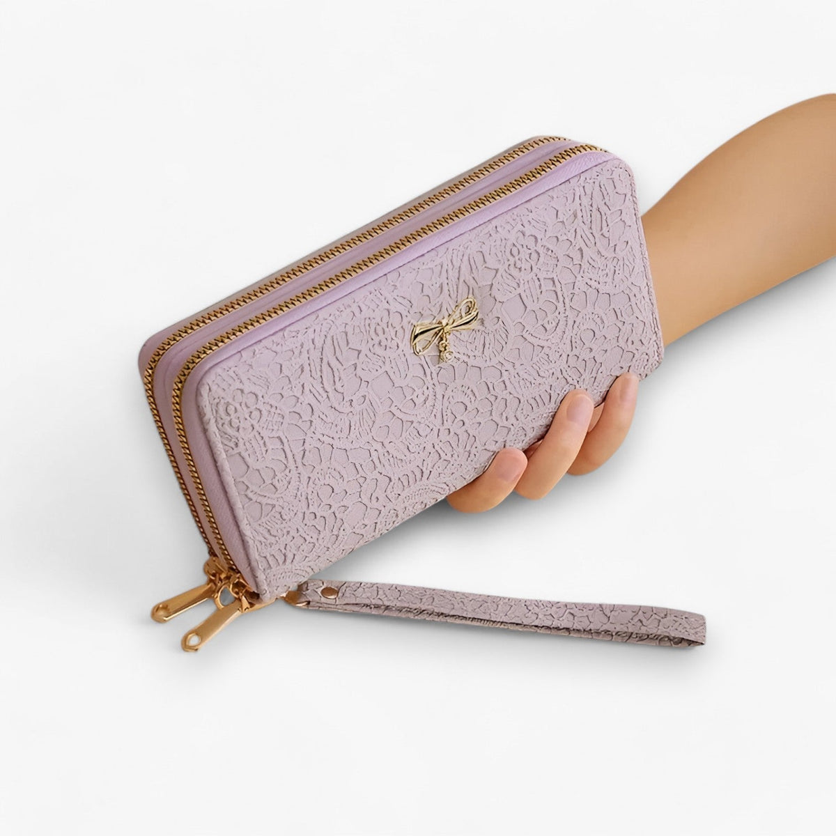 Retro Wallet with Lace Relief Detail and Multiple Compartments