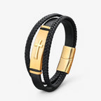 Men's Steel and Faux Leather Cross Bracelet with Magnetic Clasp