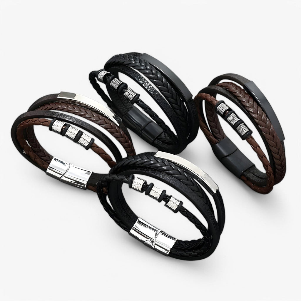 Flätat armband i konstläder med flera lager och stålspänne