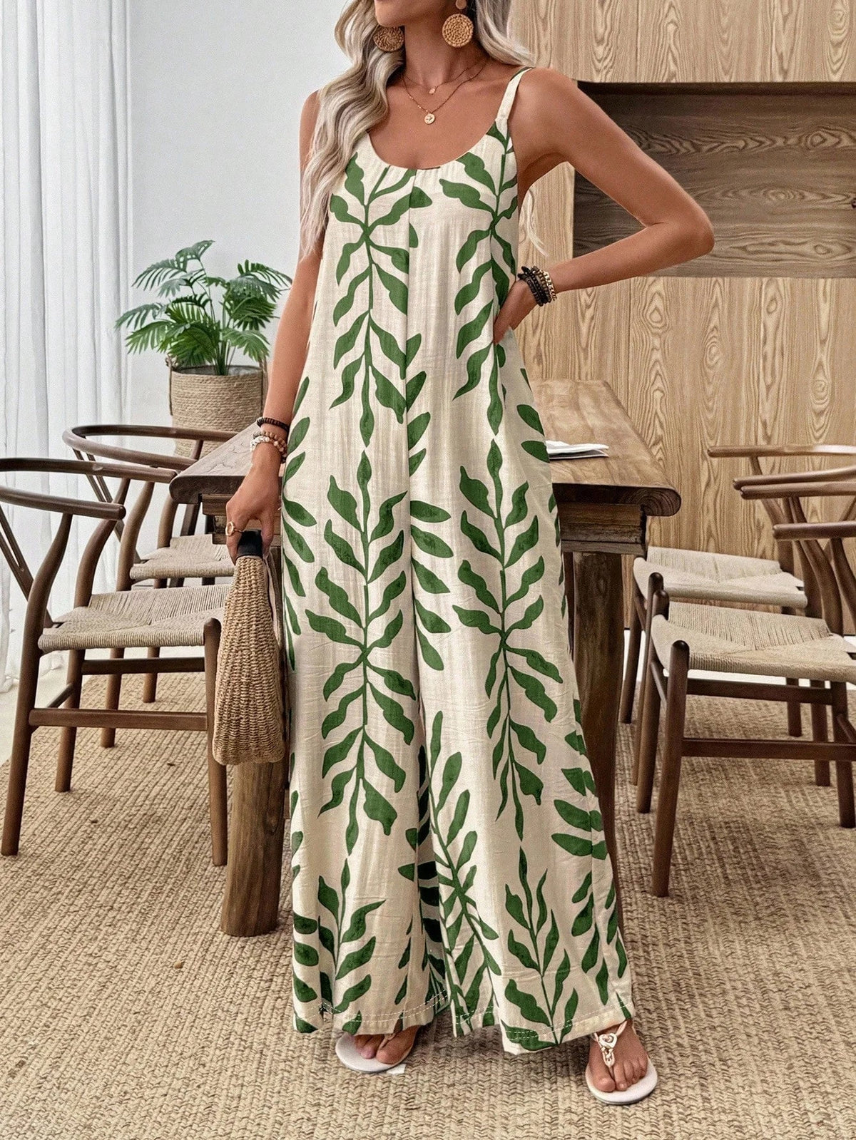 Wide-Leg Jumpsuit with Vibrant Tropical Leaf Print