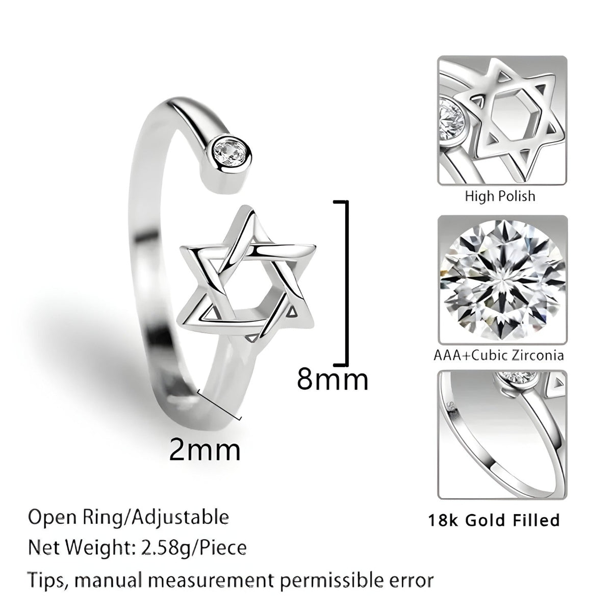 Adjustable Zircon Ring with Sparkling Hexagonal Stone