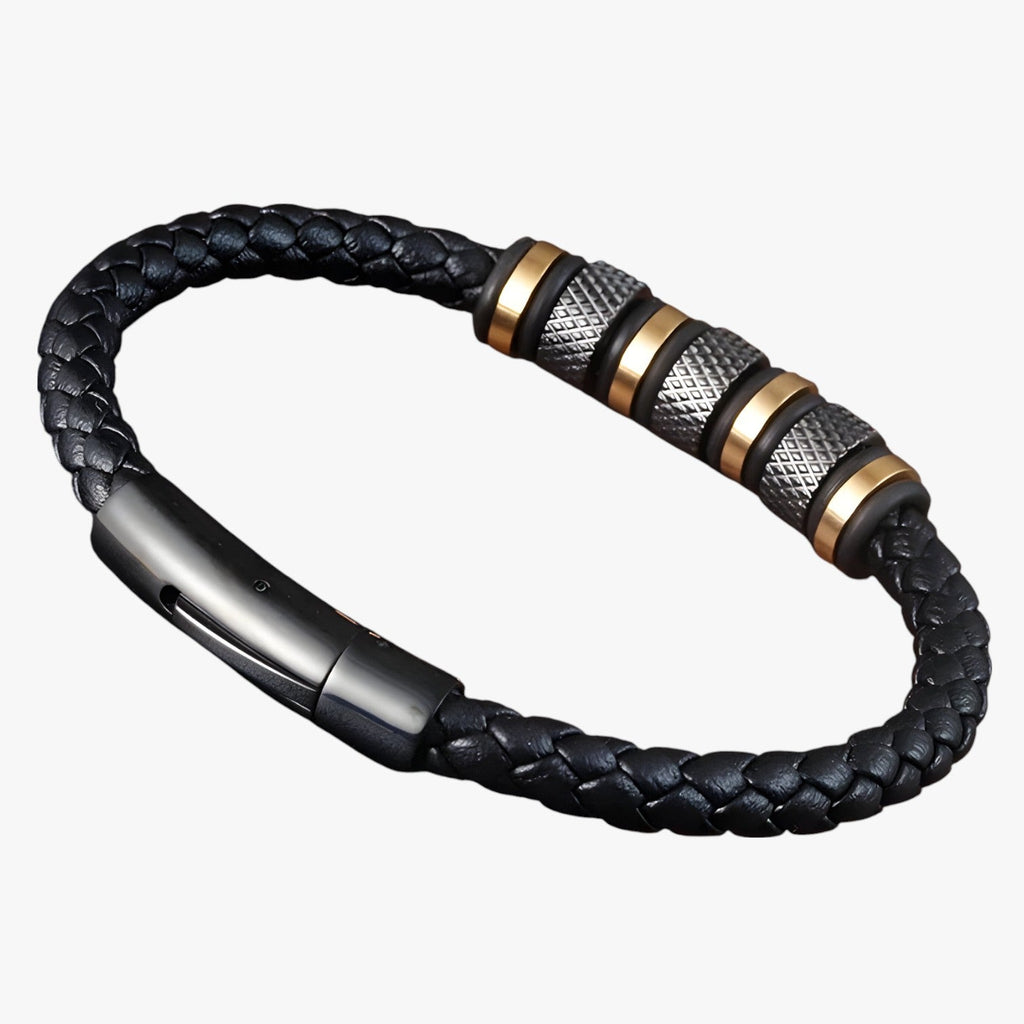 Braided Faux Leather Bracelet with Steel Beads and Magnetic Clasp