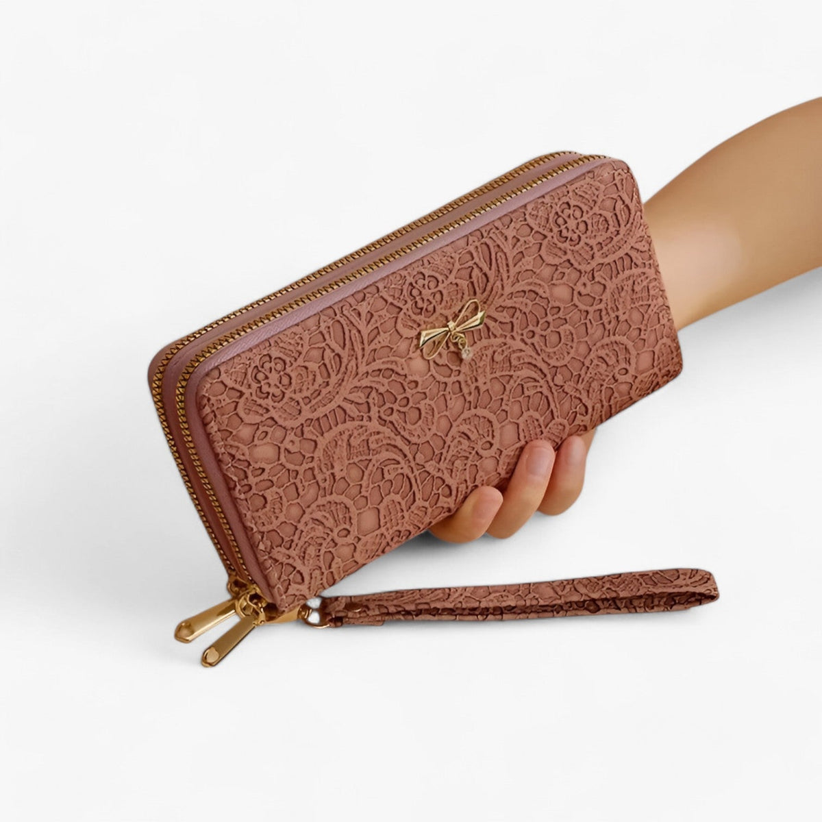 Retro Wallet with Lace Relief Detail and Multiple Compartments