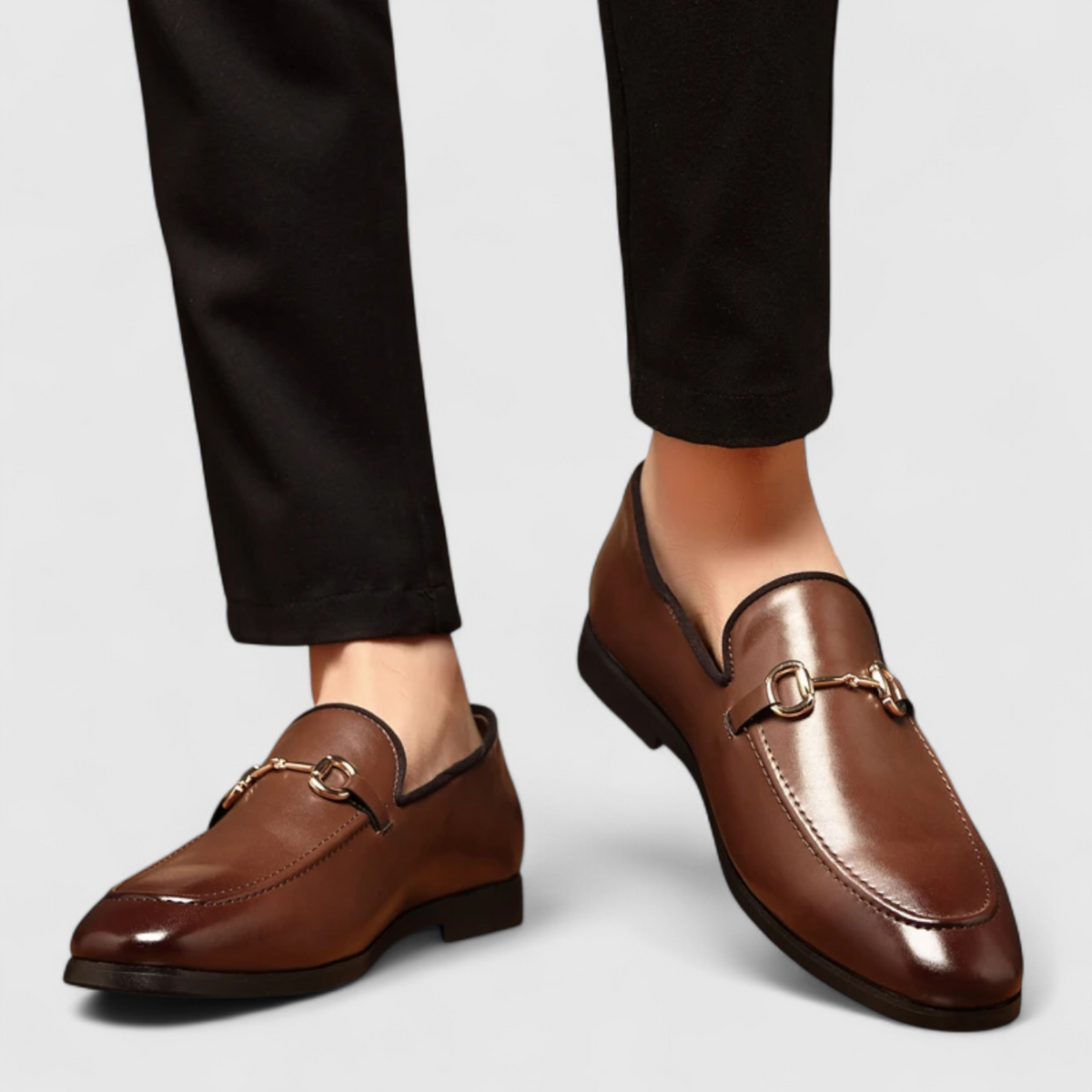 Men's Black Faux Leather Loafers with Decorative Buckle