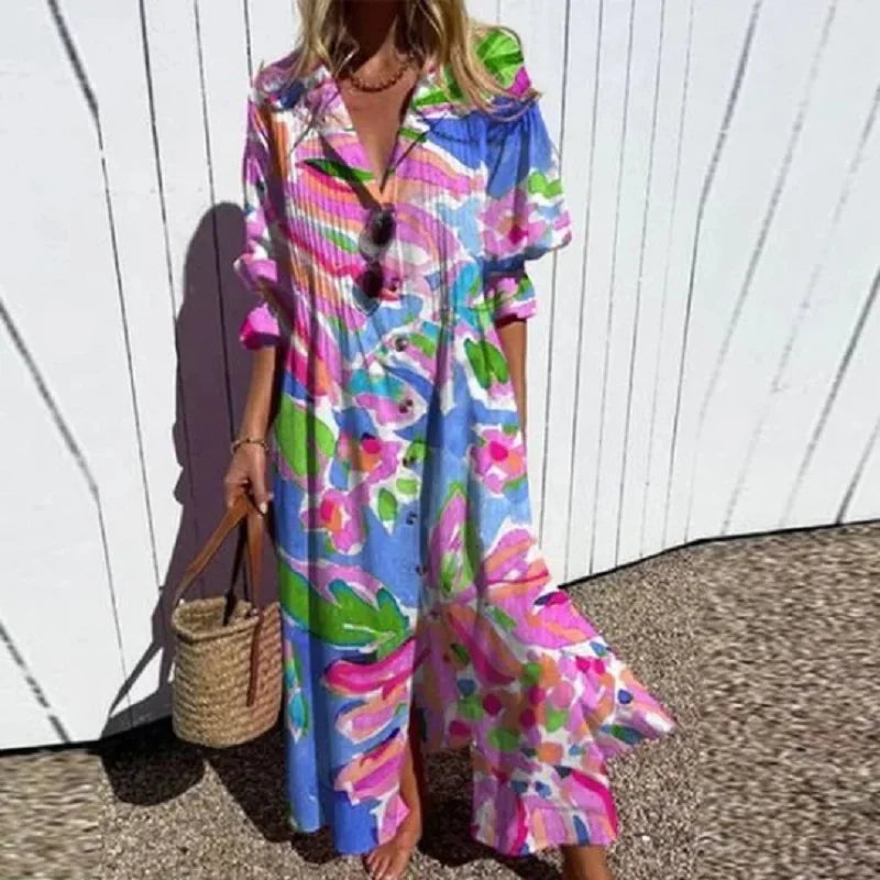 Tiered Floral Midi Dress with V Neckline